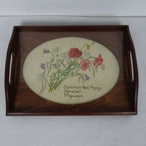 Vintage Wood Serving Tray with Floral Cross Stitch Insert Clear Plastic Overlay